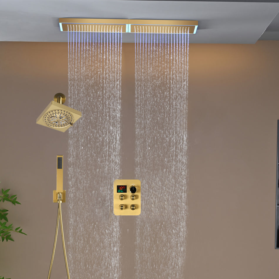 Flush Mount 32 x 8 inch Rainfall 64 LED Light Shower Head with 4-Way Thermostatic Faucet and High-Pressure Regular Heads