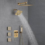 Brushed Gold 12-Inch or 16-Inch Rainfall Wall Mount Shower Head with 4-Way Thermostatic Faucet, Body Jets, and High-Pressure Wall Mount Head