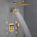 Brushed Gold 12-Inch or 16-Inch Rainfall Wall Mount Shower Head with 4-Way Thermostatic Faucet, Body Jets, and High-Pressure Wall Mount Head