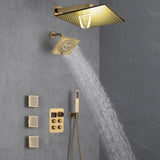 Brushed Gold 12-Inch or 16-Inch Rainfall Wall Mount Shower Head with 4-Way Thermostatic Faucet, Body Jets, and High-Pressure Wall Mount Head
