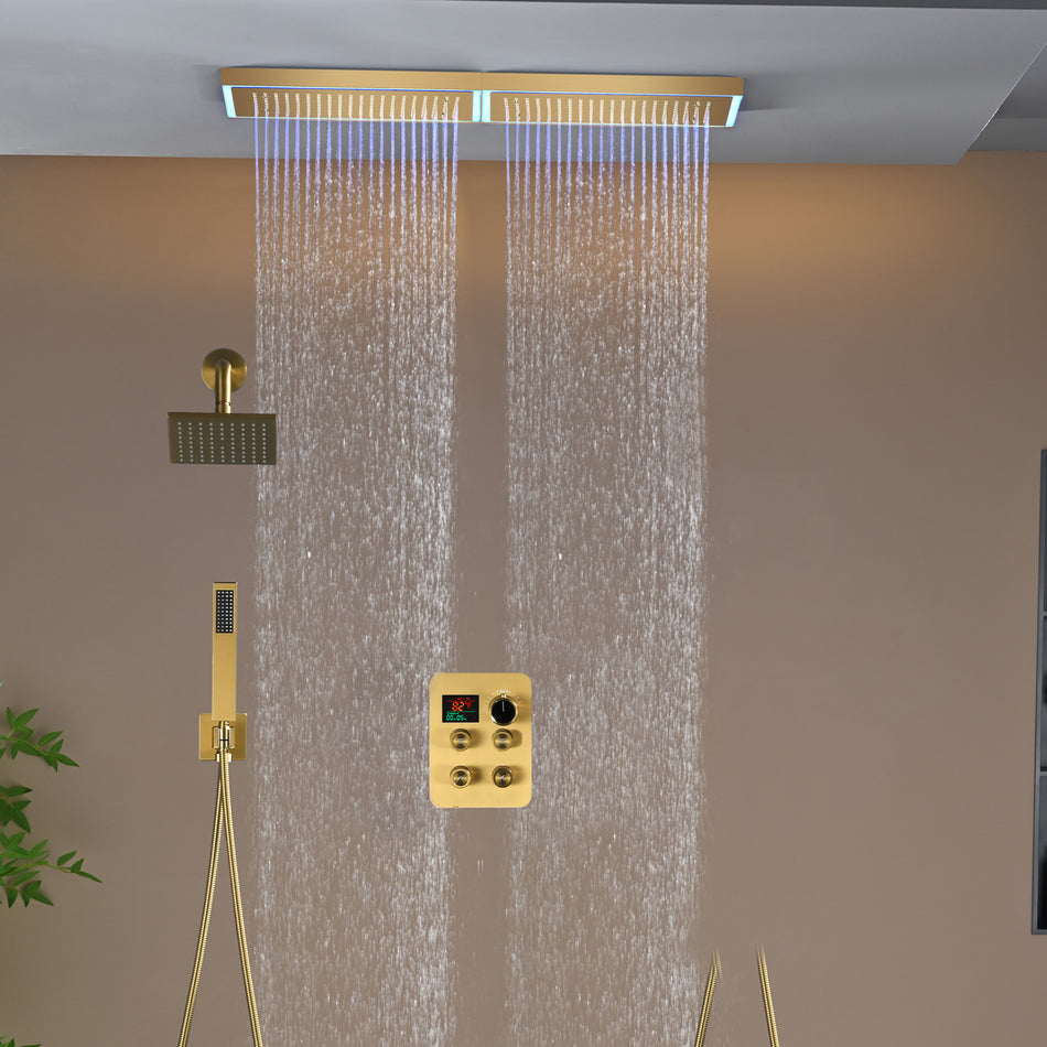 Flush Mount 32 x 8 inch Rainfall 64 LED Light Shower Head with 4-Way Thermostatic Faucet and High-Pressure Regular Heads