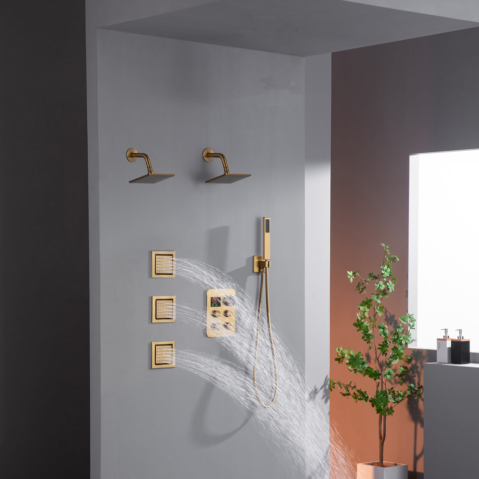 Dual Regular Heads with 4-Way Thermostatic Faucet and  Handle Shower and Body Jets