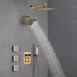 Brushed Gold 12-Inch or 16-Inch Rainfall Wall Mount Shower Head with 4-Way Thermostatic Faucet, Body Jets, and High-Pressure Wall Mount Head