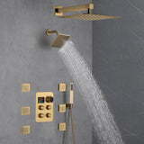 Brushed Gold 12-Inch or 16-Inch Rainfall Wall Mount Shower Head with 4-Way Thermostatic Faucet, Body Jets, and High-Pressure Wall Mount Head