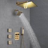 Brushed Gold 12-Inch or 16-Inch Rainfall Wall Mount Shower Head with 4-Way Thermostatic Faucet, Body Jets, and High-Pressure Wall Mount Head