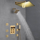 Brushed Gold 12-Inch or 16-Inch Rainfall Wall Mount Shower Head with 4-Way Thermostatic Faucet, Body Jets, and High-Pressure Wall Mount Head