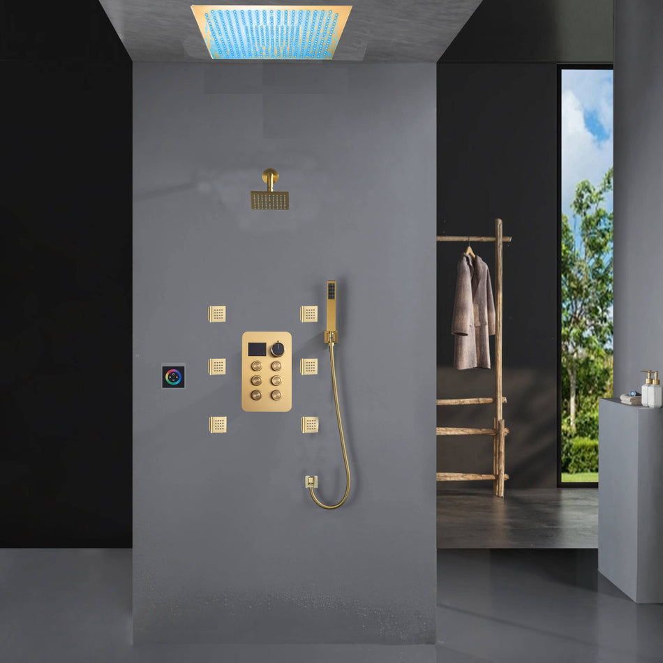 Flush Mount Shower Faucet Set with 6-Way Digital Thermostatic Control, 64-Color LED Lights