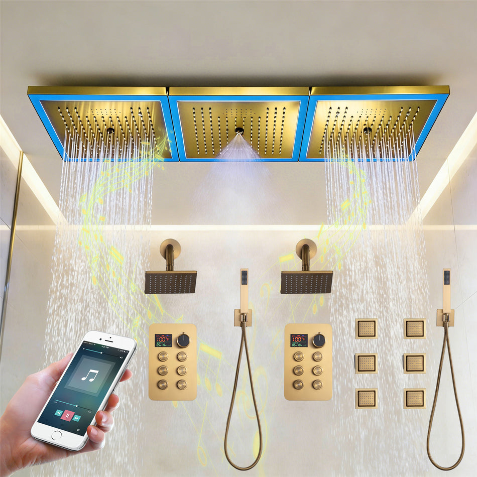 36 x 12 inch rainfall mist 64 led light bluetooth music shower head 12 way shower faucet with regular head and handle wand