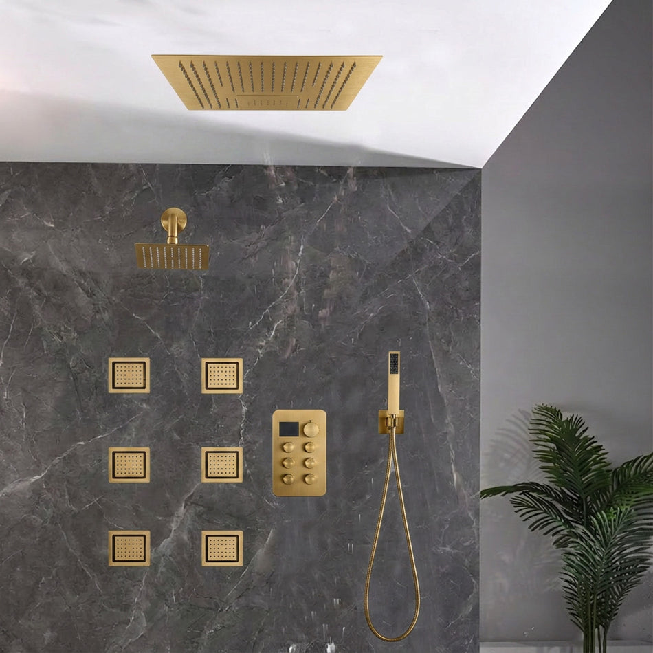 16 inch  flush-mount rainfall waterfall shower systems 6 way thermostatic valve with 6 body jets