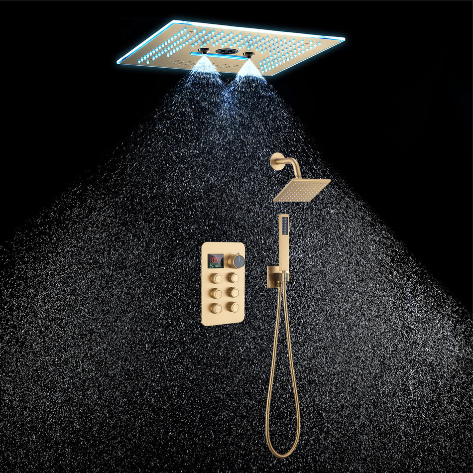 16-Inch Rainfall Waterfall Mist Water Column Flush Mount Shower Faucet Set with 6-Way Thermostatic Control, 64-Color LED, Bluetooth Music, Rainfall-Waterfall-Mist Features, Rotating Hydro Jet, and Regular Head
