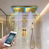24 x 12 inch rainfall mist 64 led light bluetooth music shower head 6 way shower faucet with regular head and handle wand