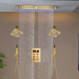 Flush Mount 32 x 8 inch Rainfall 64 LED Light Shower Head with 6-Way Thermostatic Faucet and High-Pressure Regular Heads