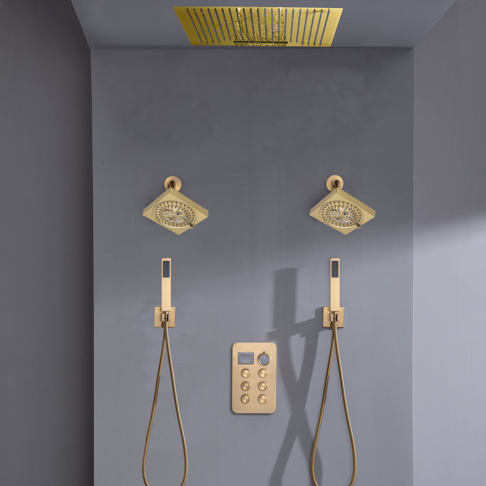 24 inch flush mount rainfall waterfall shower head 6 way thermostatic shower faucet with dual handle wands and  dual regular heads