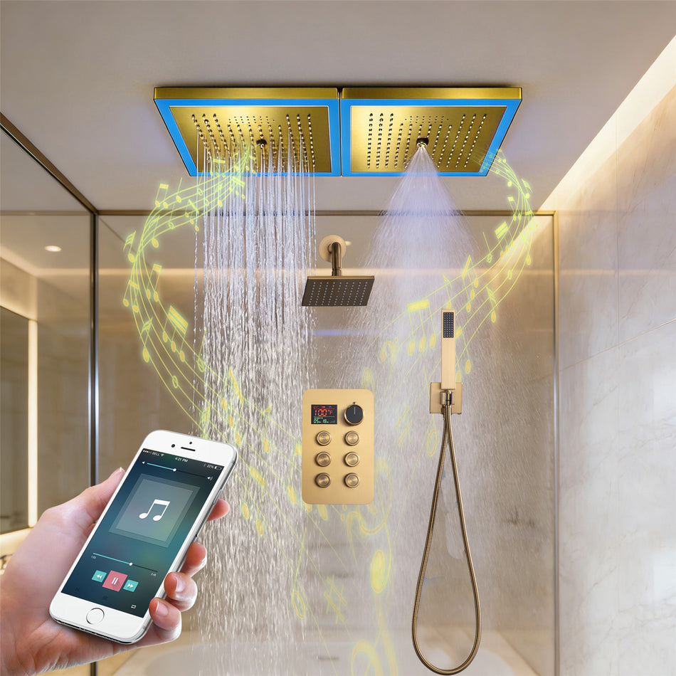 24 x 12 inch rainfall mist 64 led light bluetooth music shower head 6 way shower faucet with regular head and handle wand