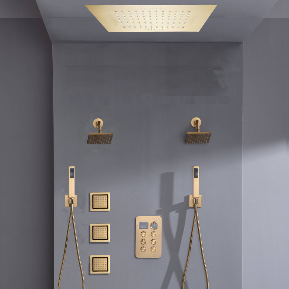Bluetooth Music LED 6-Way Digital Thermostatic Shower  System with Rainfall,3 Body Jets, Dual Regular Head