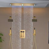 Flush Mount 32 x 8 inch Rainfall 64 LED Light Shower Head with 6-Way Thermostatic Faucet and High-Pressure Regular Heads