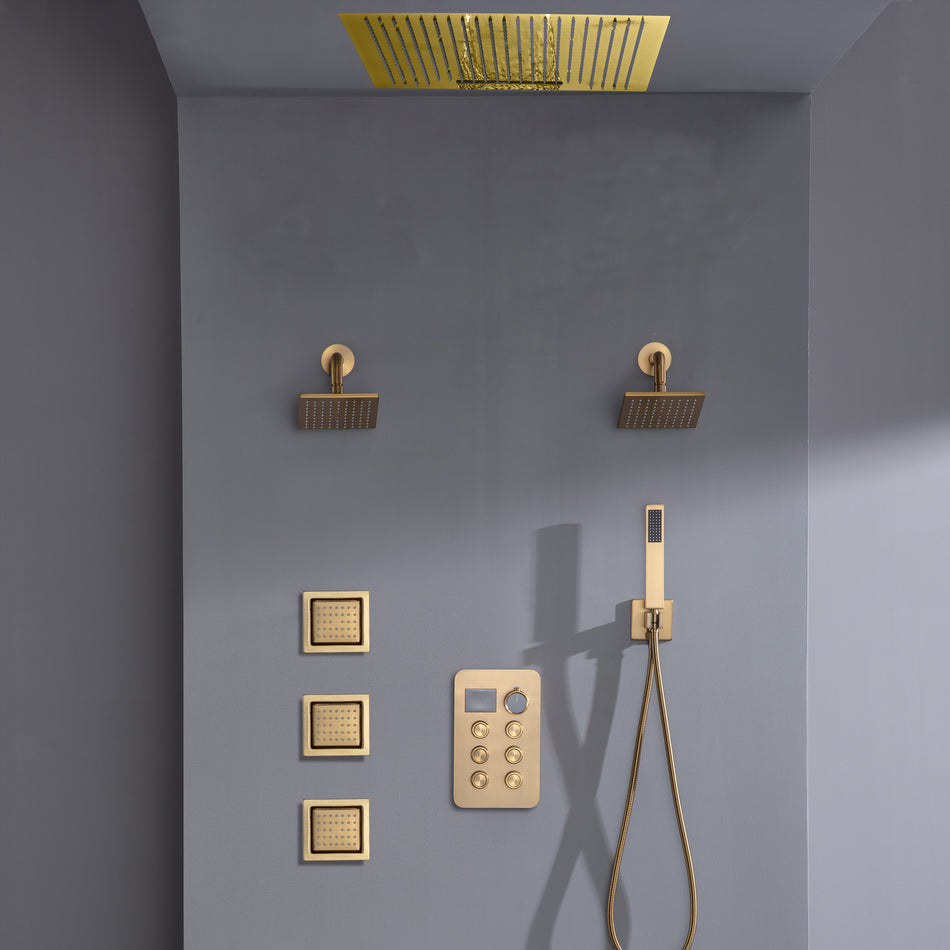 24 inch flush mount rainfall waterfall shower head 6 way thermostatic shower faucet with handle wand and Body Jet and dual regular headss