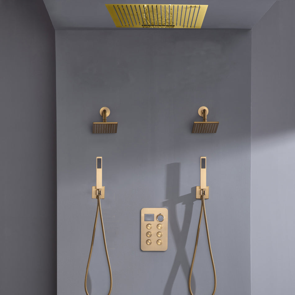 24 inch flush mount rainfall waterfall shower head 6 way thermostatic shower faucet with dual handle wands and  dual regular heads