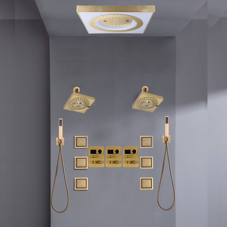 24" Flush Mount Shower Head with 9-Way Digital Faucet, Dual 6" Regular Heads, 6 Body Jets and Dual Handle Wands