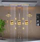 Flush Mount 48 x 8 inch Rainfall Waterfall 64 LED Light Shower Head with 9-Way Thermostatic Faucet and High-Pressure Wall Mount Regular Shower Head and 6 Body Jets