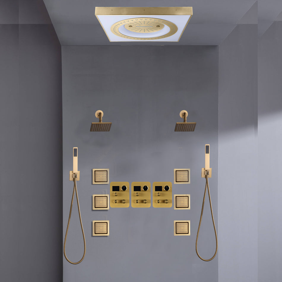 24" Flush Mount Shower Head with 9-Way Digital Faucet, Dual 6" Regular Heads, 6 Body Jets and Dual Handle Wands