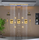 Flush Mount 48 x 8 inch Rainfall Waterfall 64 LED Light Shower Head with 9-Way Thermostatic Faucet and High-Pressure Wall Mount Regular Shower Head and 6 Body Jets