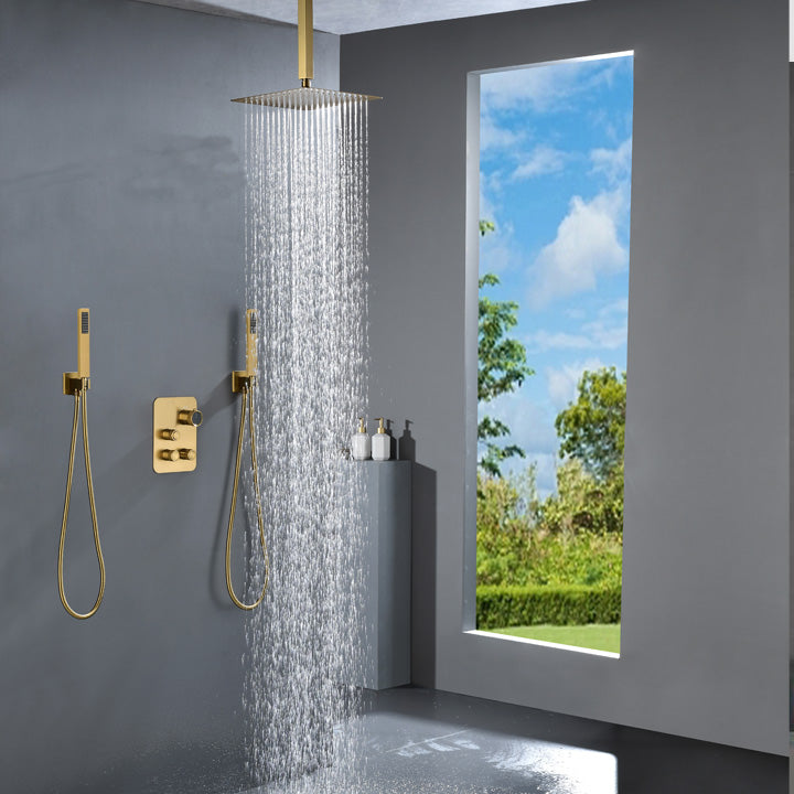 Brushed Gold Ceiling-Mounted 3 Way Shower Faucet with or without Digital Display, Optional 16'' or 12'' Rain Head with Dual Handle Showers