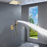 20'' or 24'' Rainfall Waterfall Brushed Gold Ceiling-Mounted 3-Way Thermostatic Shower System, 4 valve Opitions