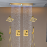 Flush Mount 32 x 8 inch Rainfall 64 LED Light Shower Head with 6-Way Thermostatic Faucet and High-Pressure Dual Regular Heads