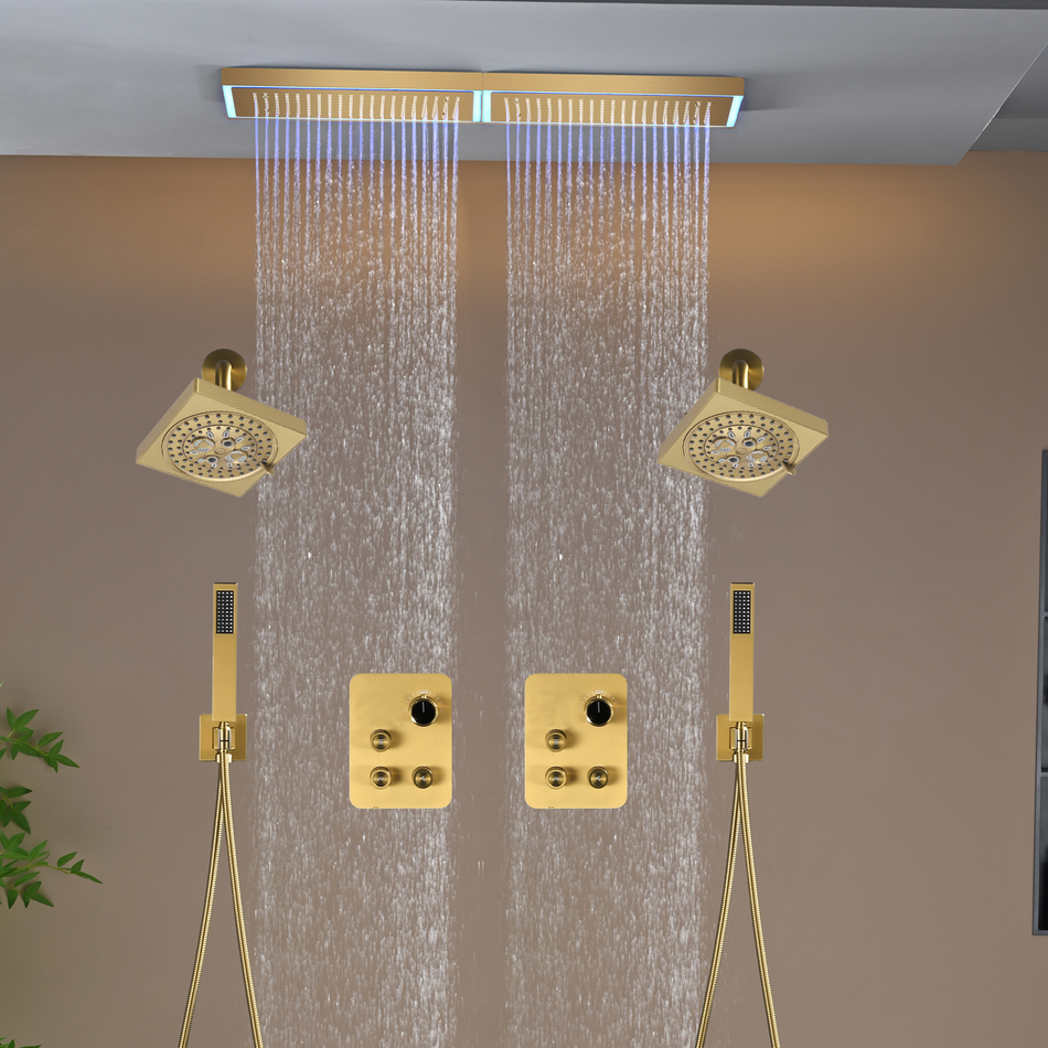 Flush Mount 32 x 8 inch Rainfall 64 LED Light Shower Head with 6-Way Thermostatic Faucet and High-Pressure Dual Regular Heads