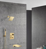 wall  mount regular head  Brushed gold 3 way Thermostatic Shower valve system with tub spout that each function run all together and separately