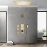 Brushed gold flushed on 20 inch rainfall 64 LED light Bluetooth Music shower head 4 way digital display shower faucet with body jets and regular head