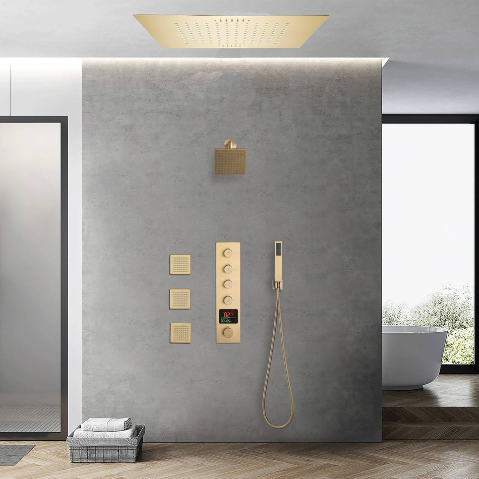 Brushed gold flushed on 20 inch rainfall 64 LED light Bluetooth Music shower head 4 way digital display shower faucet with body jets and regular head