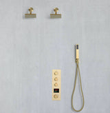 Brushed Gold Wall-Mounted 3-Way Thermostatic Shower System: Dual Regular Heads with Simultaneous and Independent Functionality