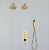 Brushed Gold Wall-Mounted 3-Way Thermostatic Shower System: Dual Regular Heads with Simultaneous and Independent Functionality