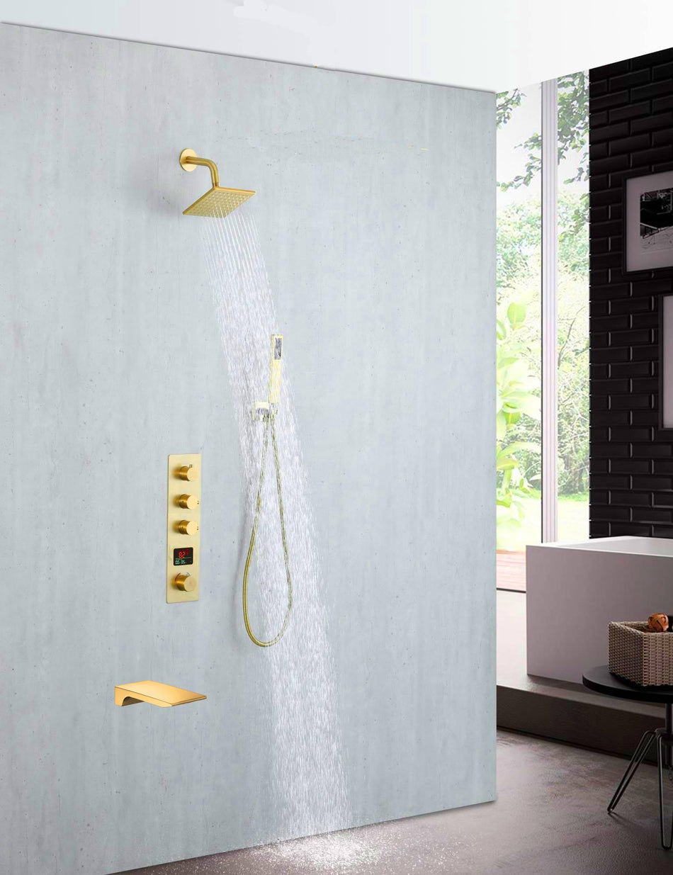 Brushed Gold 3-Way Digital Display Thermostatic Shower System: Featuring a Tub Spout and 6-Inch Regular Head with Simultaneous and Independent Functionality