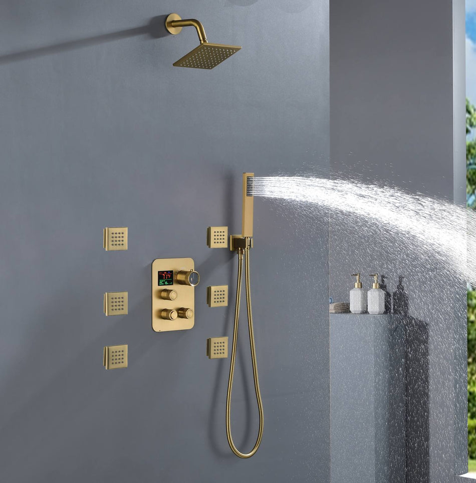 Brushed Gold 3-Way Digital Display Thermostatic Shower System: Featuring Body Jets and a 6-Inch Regular Head with Independent and Simultaneous Functionality