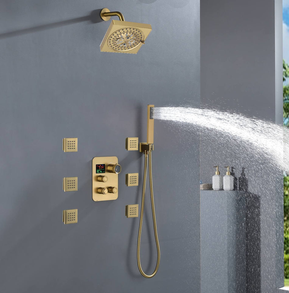 Brushed Gold 3-Way Digital Display Thermostatic Shower System: Featuring Body Jets and a 6-Inch Regular Head with Independent and Simultaneous Functionality