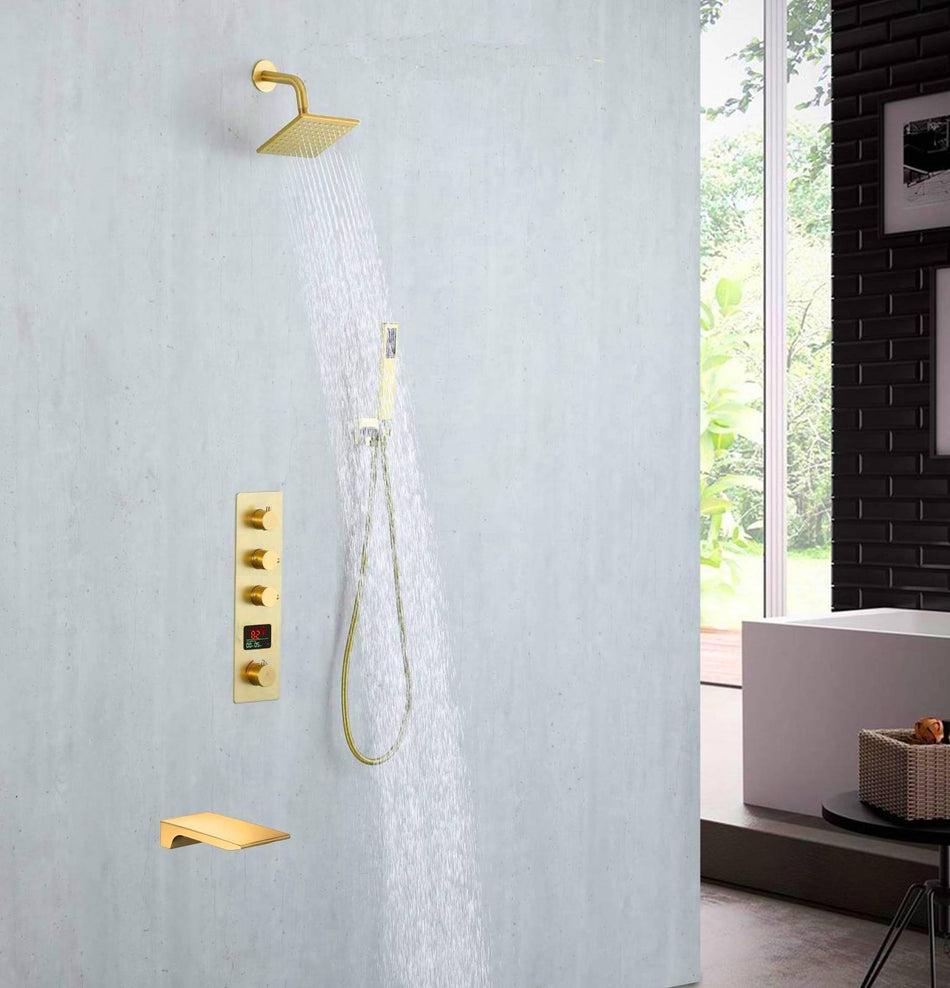 Brushed Gold 3-Way Digital Display Thermostatic Shower System: Featuring a Tub Spout and 6-Inch Regular Head with Simultaneous and Independent Functionality