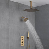 Brushed Gold High Pressure Rainfall Shower Head with 3-Way Thermostatic Shower Faucet - Simultaneous and Independent Functionality
