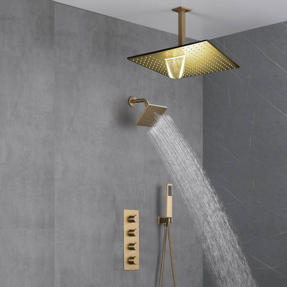 Brushed Gold High Pressure Rainfall Shower Head with 3-Way Thermostatic Shower Faucet - Simultaneous and Independent Functionality