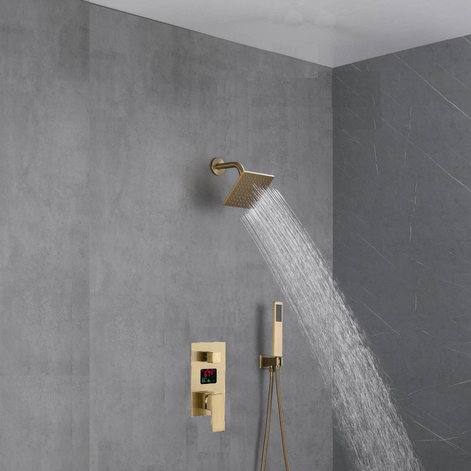 Brushed Gold Wall-Mounted Shower Faucet with 2-Way Digital Display, Optional 6'' Regular Head or 12'' Rain Head