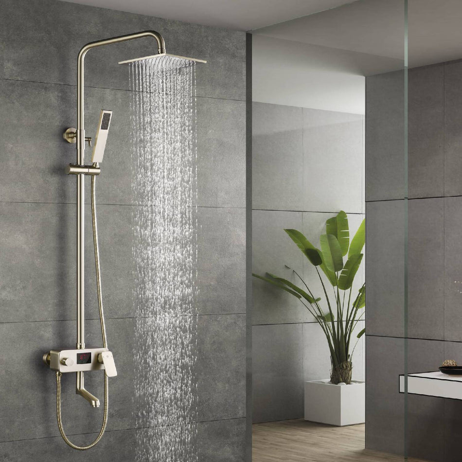 Digital Brushed Gold or Polished gold Wall-Mounted Rain Shower and Bathtub Mixer with Handheld Shower