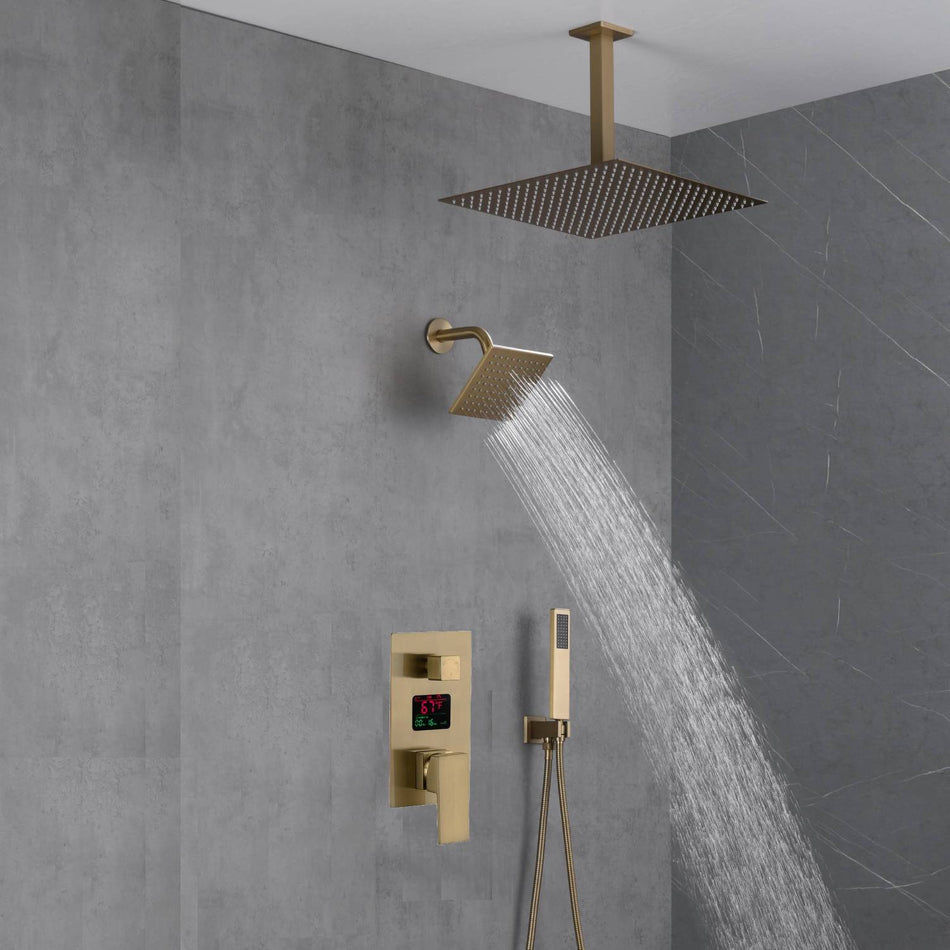 12-Inch or 16-Inch Brushed Gold Ceiling-Mount Rainfall Shower System with 3-Way Digital Regular Rough-In Valve and 6-Inch Wall-Mount High-Pressure Brass Shower Head