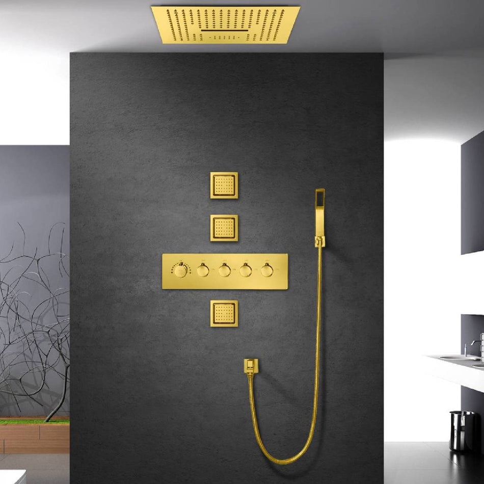 16-Inch Polished Gold Thermostatic Shower Faucet: Flush-Mounted, 64-Color LED Lighting, Bluetooth Music, 4-Way Control, and 4-Inch Body Jet Features