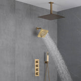 Brushed Gold High Pressure Rainfall Shower Head with 3-Way Thermostatic Shower Faucet - Simultaneous and Independent Functionality