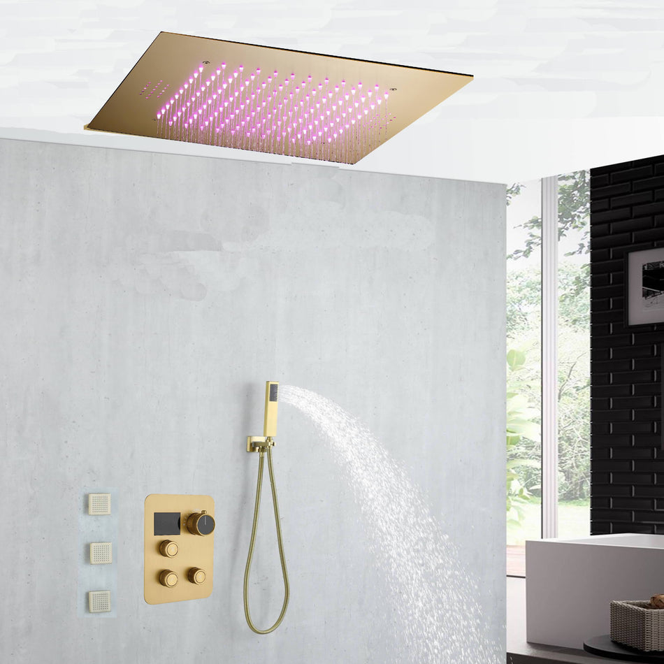 20 inch ceiling or flush mount Brushed gold 3 way thermostatic shower faucet with Body sprayers and handle sprayer