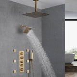 Brushed Gold 16-Inch Rainfall Ceiling Mount Shower Head with 4-Way Thermostatic Faucet, Body Jets, and High-Pressure Wall Mount Head