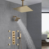 Brushed Gold 16-Inch Rainfall Ceiling Mount Shower Head with 4-Way Thermostatic Faucet, Body Jets, and High-Pressure Wall Mount Head