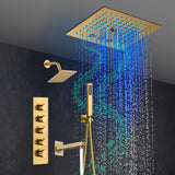 Brushed Gold 4-Way Thermostatic Shower Faucet: Flush Mount with Tub Spout, 12-Inch LED Light Shower Head with 64 Colors and Bluetooth Music